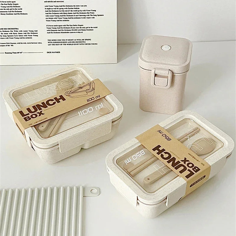 1100ml wheat straw lunch box, portable food storage container, bento box with spoon and chopsticks for kids and adults.