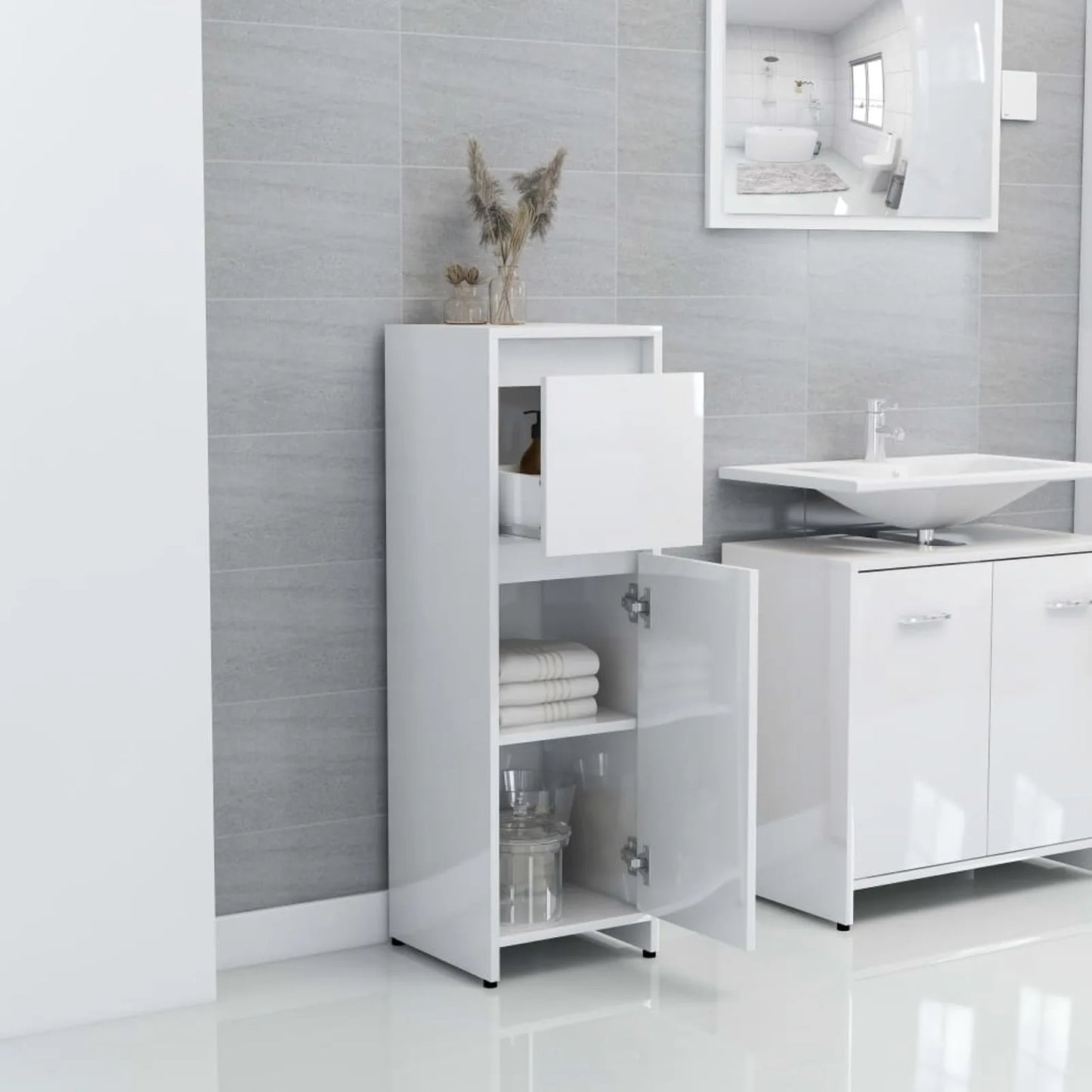 Slim Bathroom Cabinet with Doors - High Gloss White