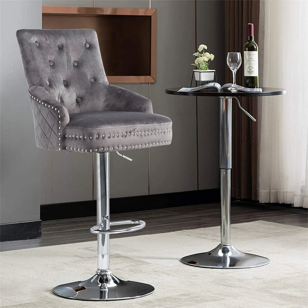 Verstelbare Chrome Barstoelen met Leeuwenklopper, Grijs/Zwart, Hoge Rug