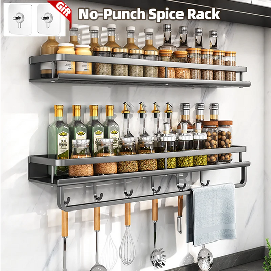 2Pcs Wall-Mounted Spice Rack – No-Drill Kitchen Organizer with Hooks