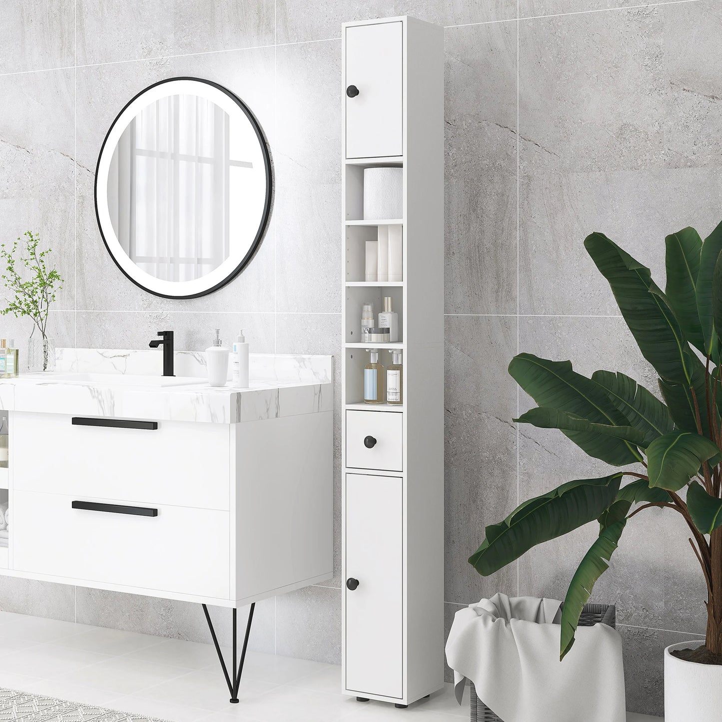 Slim Bathroom Cabinet with Drawer and Shelves - Compact White Storage Unit