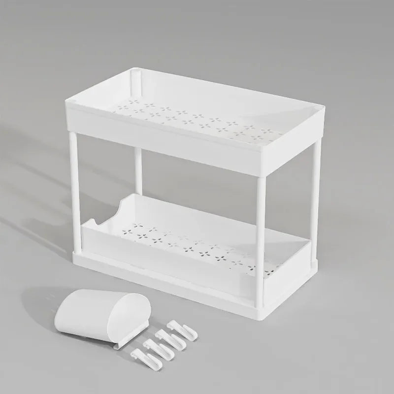 2-Tier Sliding Cabinet Organizer with Hooks – Bathroom & Kitchen Storage