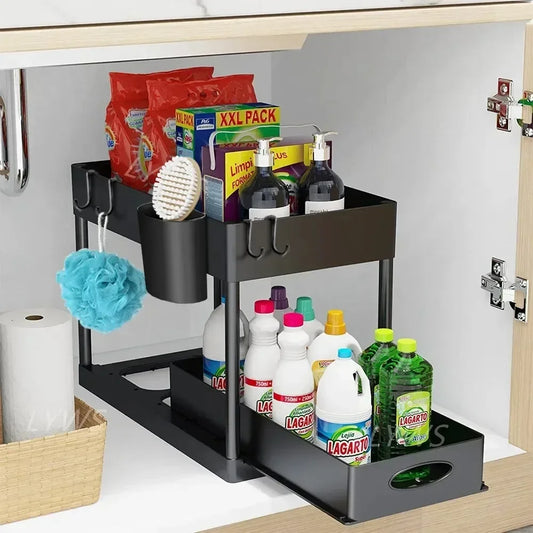 2-Tier Sliding Cabinet Organizer with Hooks – Bathroom & Kitchen Storage