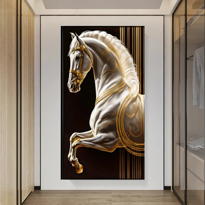 Framed Modern Metal Line Horse Canvas Luxury Wall Decor