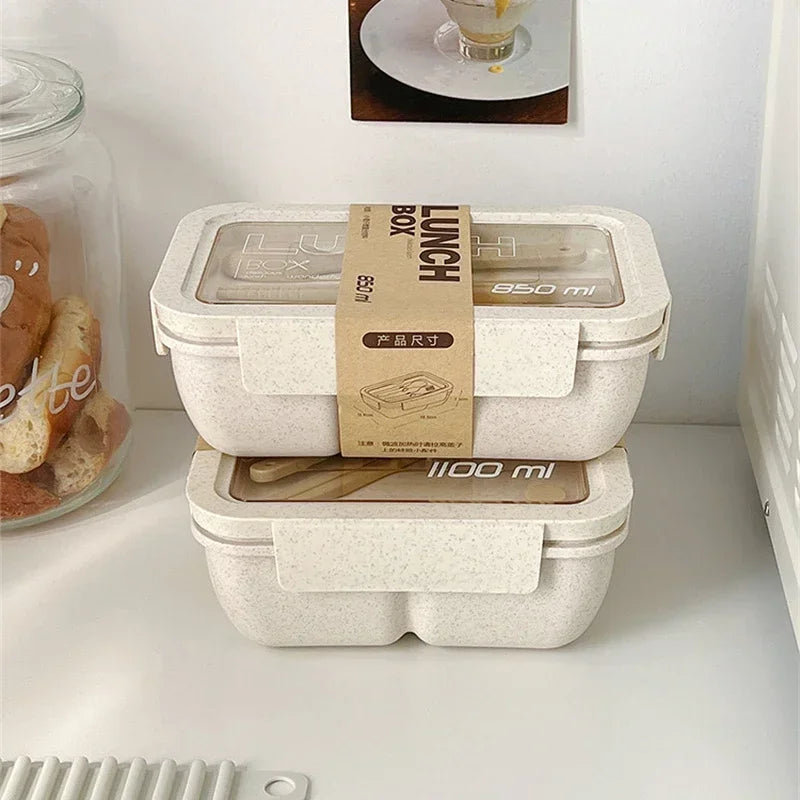 1100ml wheat straw lunch box, portable food storage container, bento box with spoon and chopsticks for kids and adults.