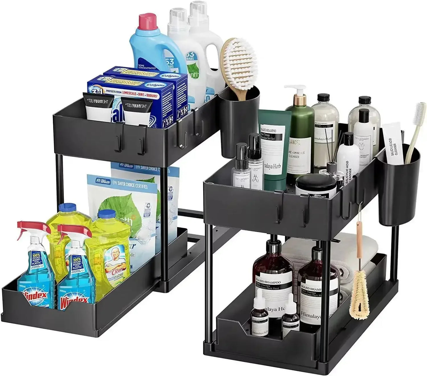 2-Tier Sliding Cabinet Organizer with Hooks – Bathroom & Kitchen Storage