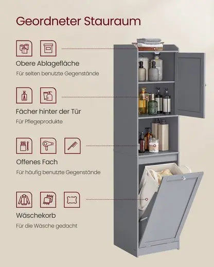 Tall bathroom cabinet with laundry bag