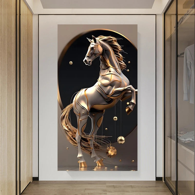 Framed Modern Metal Line Horse Canvas Luxury Wall Decor