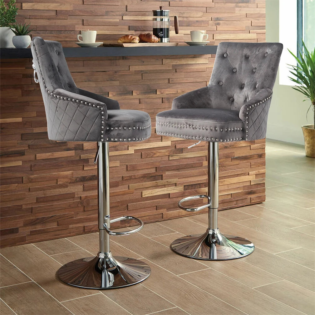 Verstelbare Chrome Barstoelen met Leeuwenklopper, Grijs/Zwart, Hoge Rug