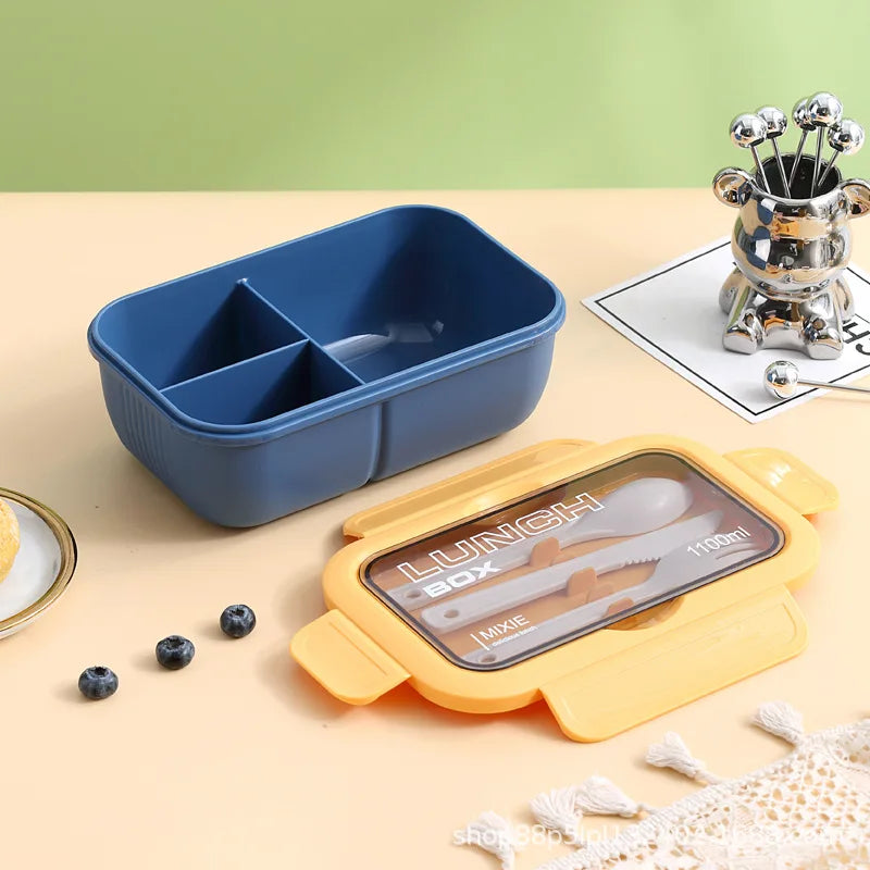 1100ML lunch box for adults and students, 3-compartment leakproof bento box with fork, spoon, and knife.