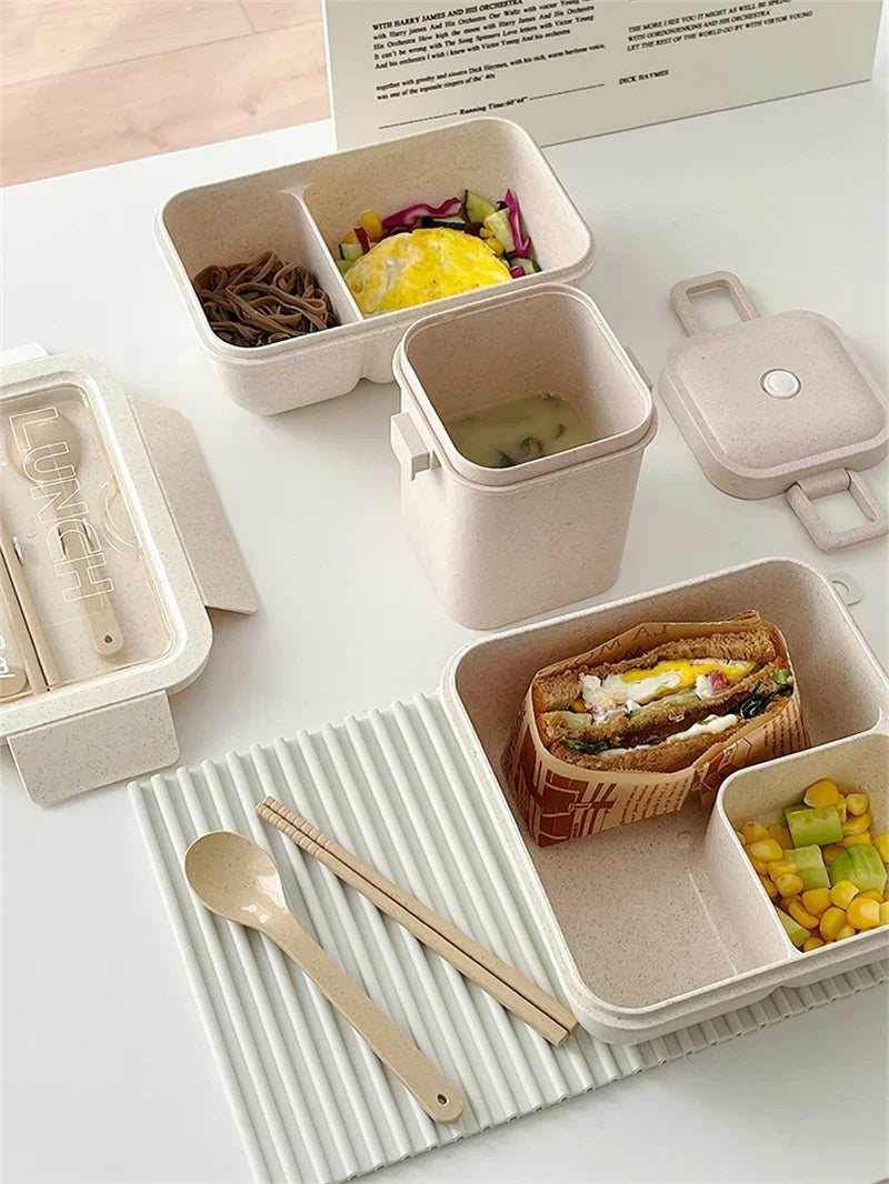 1100ml wheat straw lunch box, portable food storage container, bento box with spoon and chopsticks for kids and adults.