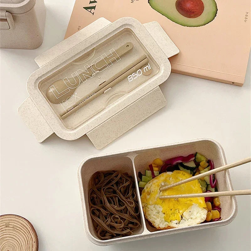 1100ml wheat straw lunch box, portable food storage container, bento box with spoon and chopsticks for kids and adults.