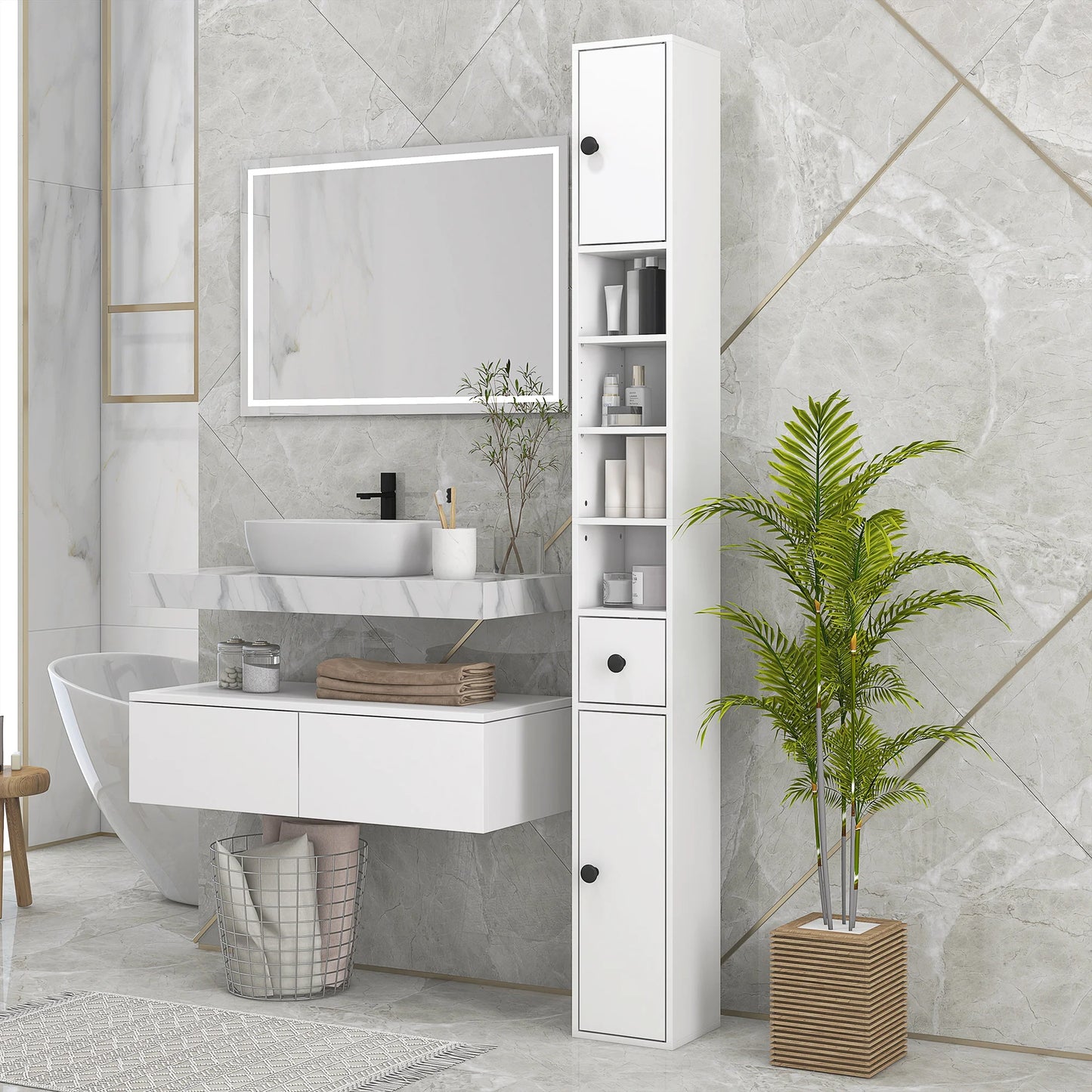 Slim Bathroom Cabinet with Drawer and Shelves - Compact White Storage Unit