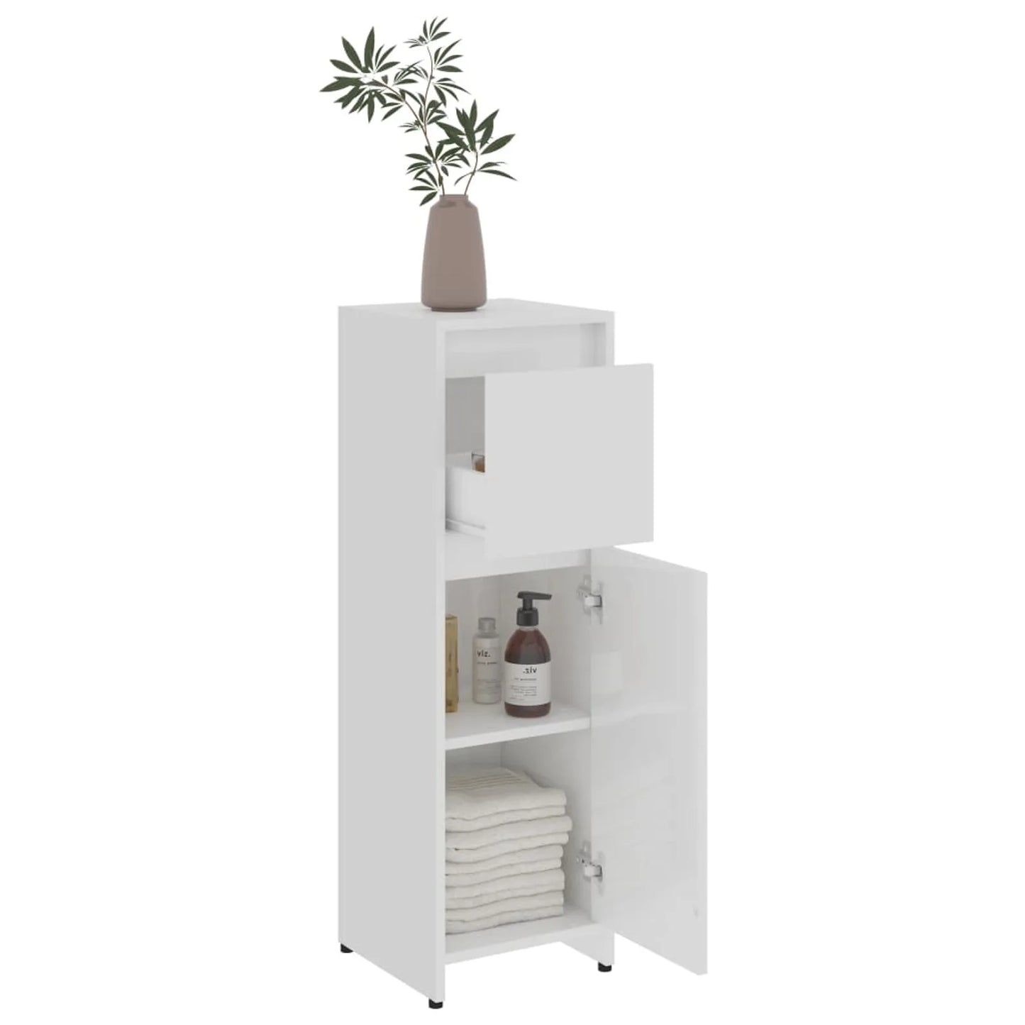 Slim Bathroom Cabinet with Doors - High Gloss White