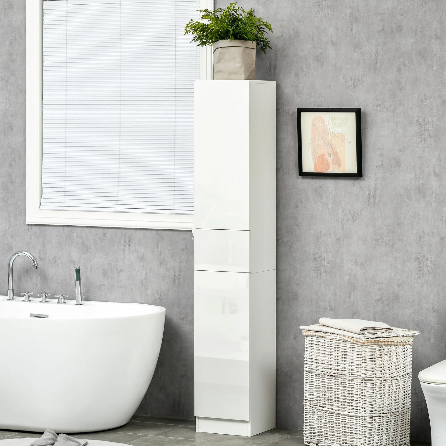 Tall Bathroom Cabinet with Drawer and 5 Open Shelves - White Storage Unit