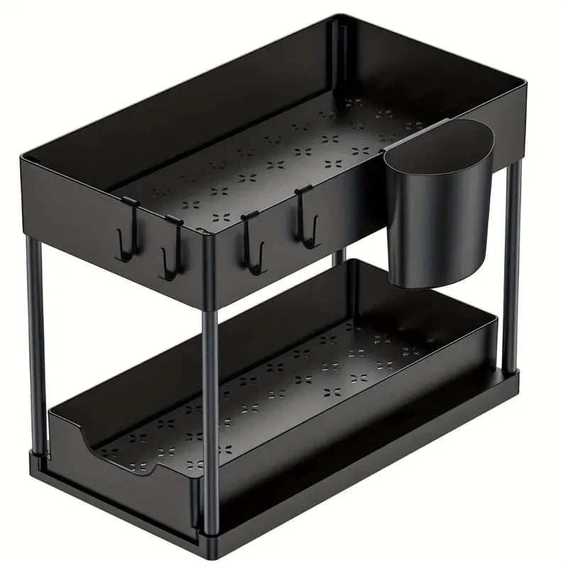 2-Tier Sliding Cabinet Organizer with Hooks – Bathroom & Kitchen Storage