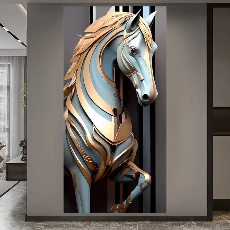 Framed Modern Metal Line Horse Canvas Luxury Wall Decor