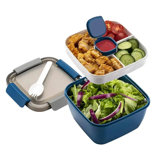 Salad lunch box, 37-oz bowl, 3 compartments, 2-oz sauce container for toppings or snacks.