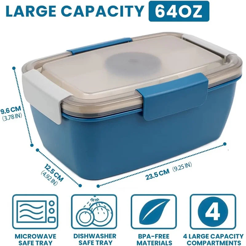 Large 4-Compartment Microwave-Safe Bento Box with Dressing Container