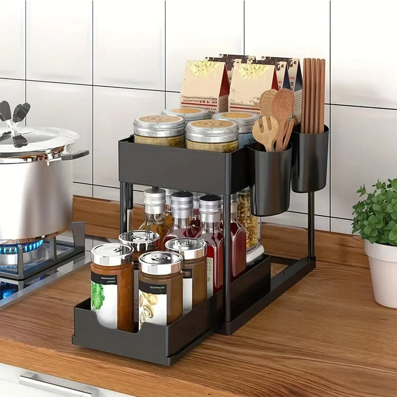 2-Tier Sliding Cabinet Organizer with Hooks – Bathroom & Kitchen Storage